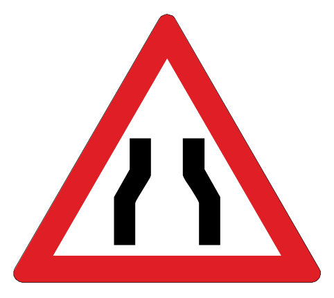 Road ahead narrows from both sides. Keep well to the left