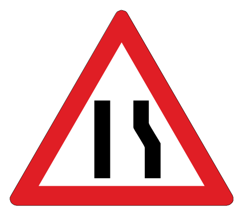 Road ahead narrows from one side. Keep well to the left
