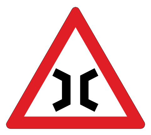 Road narrows at a bridge ahead. Slow down and approach with caution